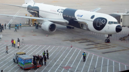 上海空港での積み込み作業とパンダ柄の飛行機